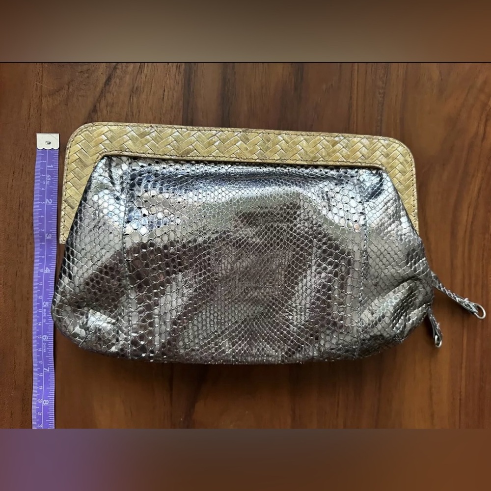 J.CREW Unique Silver Embossed Leather. Woven Rattan. Clutch Purse. Evening Bag.